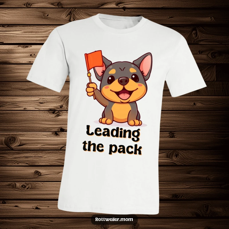 Funny Rottweiler T-Shirt: An energetic Rottweiler enthusiastically waves a tiny flag, perfect for showing support and team pride.