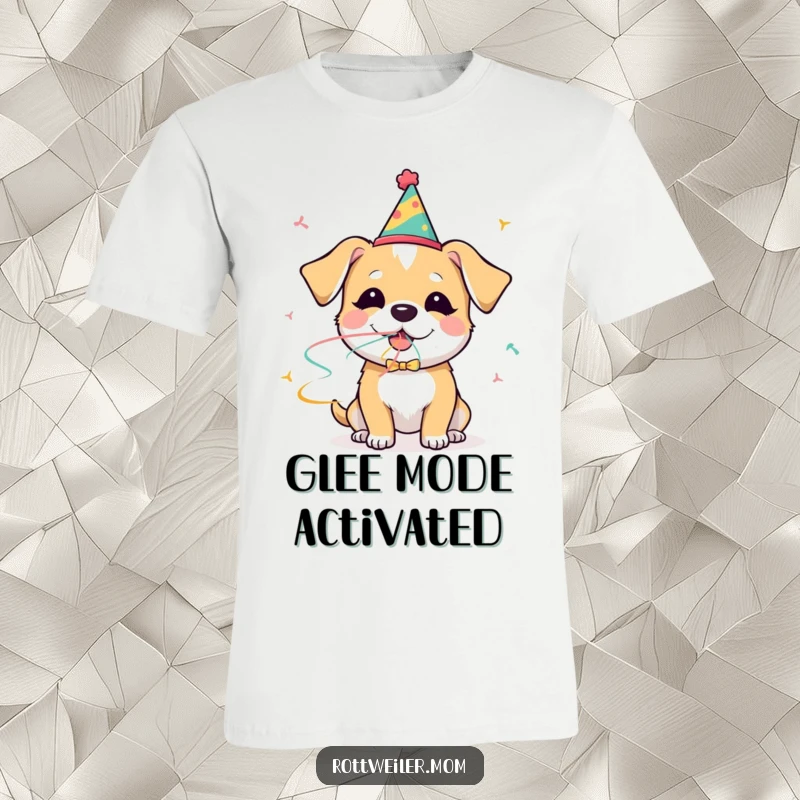 Funny dog t-shirt featuring a dog in a party hat blowing a streamer with extreme glee, embodying pure celebratory fun.