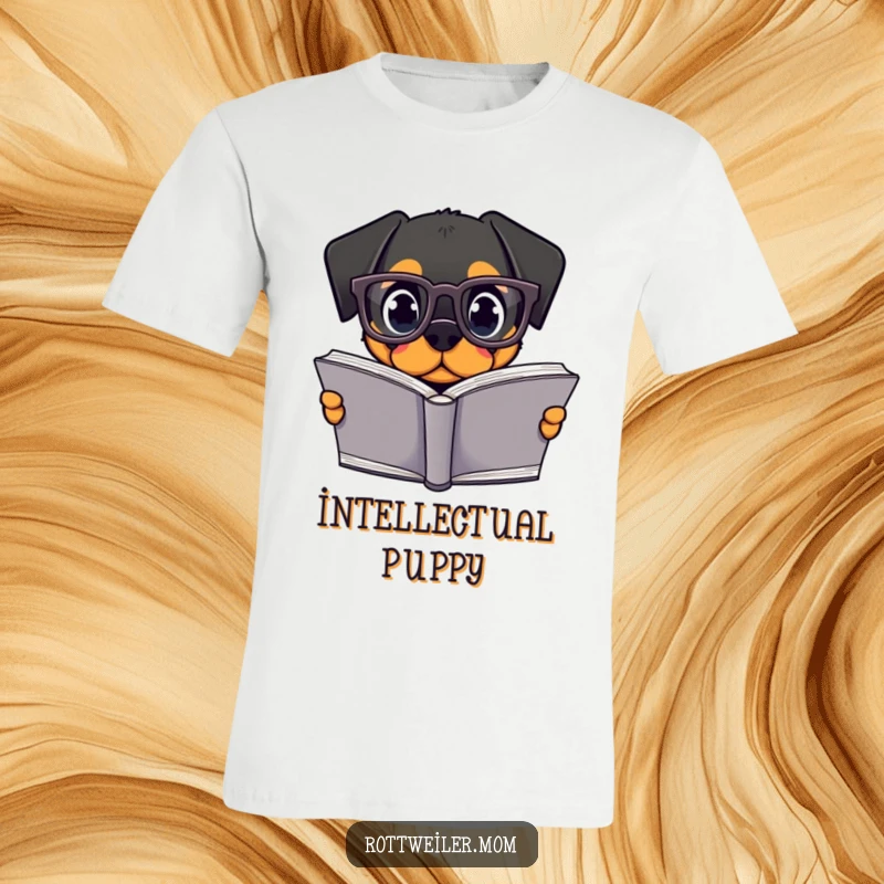 Funny Kawaii Rottweiler T-Shirt with big glasses intently reading a massive book, ideal for a funny bookworm gift.