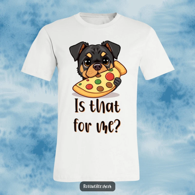 Funny t-shirt with a Rottweiler peeking from behind a giant pizza slice, its eyes wide with desire or surprise.