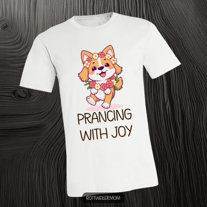 Funny Happy Dog T-Shirt: Dog with a flower garland joyfully prances, a humorous celebration of happiness.