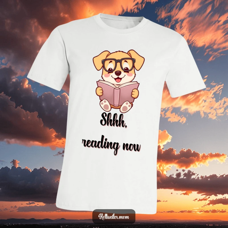 Funny T-shirt featuring a smiling dog wearing reading glasses, absorbed in a book, perfect for literary humor fans.