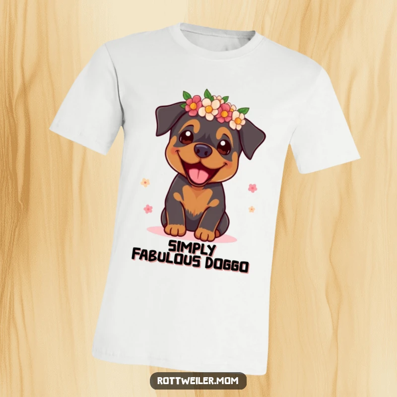 Funny Rottweiler Supermodel T-Shirt: A stylish rottweiler with a flower crown, striking a pose with humor.