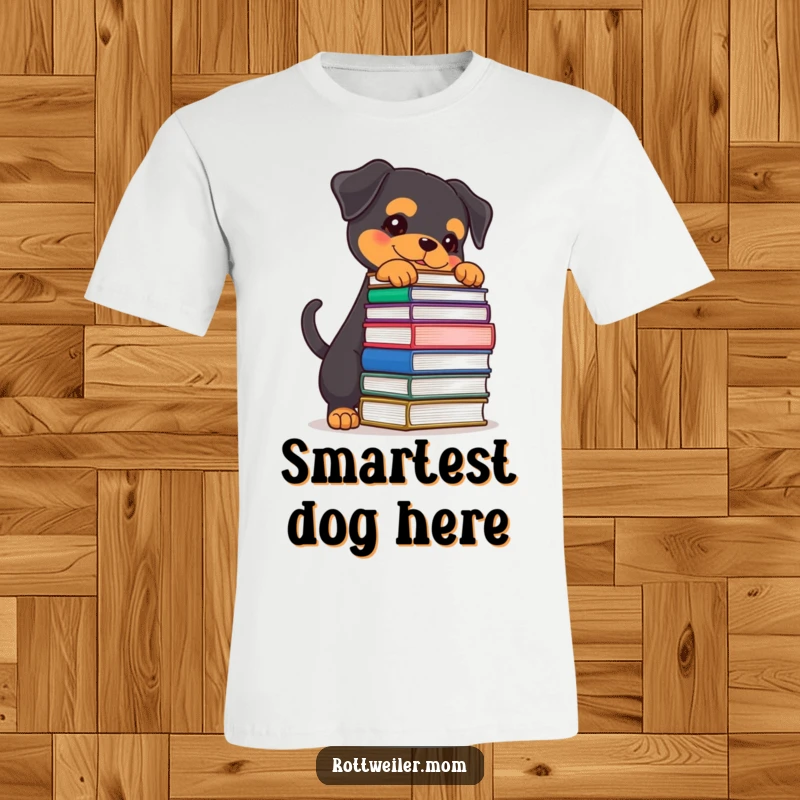 Funny Rottweiler t-shirt featuring a determined dog trying to balance a precarious stack of books with its wagging tail providing balance.