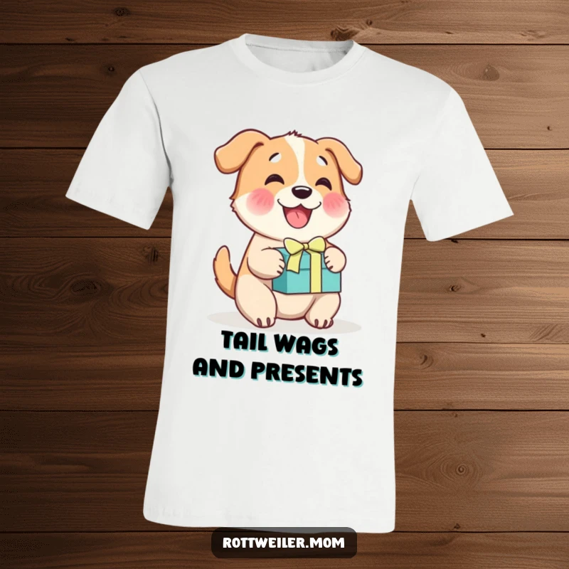 Funny dog t-shirt, a cheerful dog wagging its tail with excitement next to a beautifully wrapped gift box.
