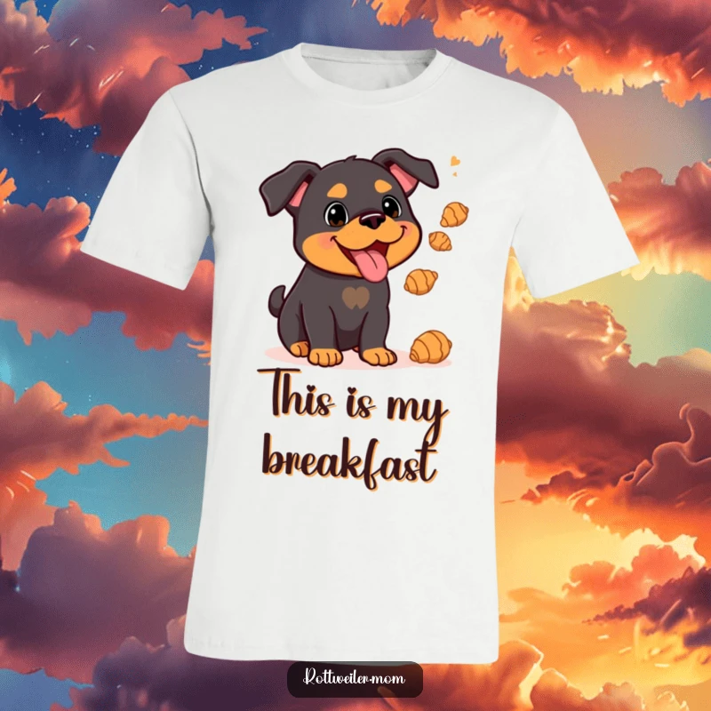 Funny Kawaii Rottweiler performing an impressive juggling act with tiny croissants on a t-shirt, a humorous and charming image.