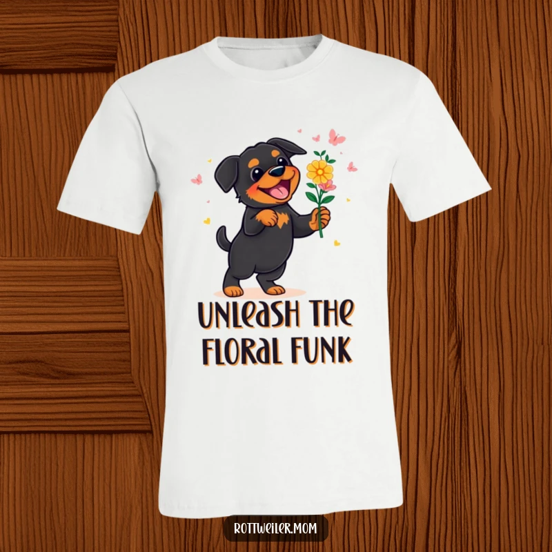 Funny Rottweiler T-Shirt: A happy Rottweiler is captured mid-dance, joyfully holding a colorful bouquet of flowers, exuding pure delight.