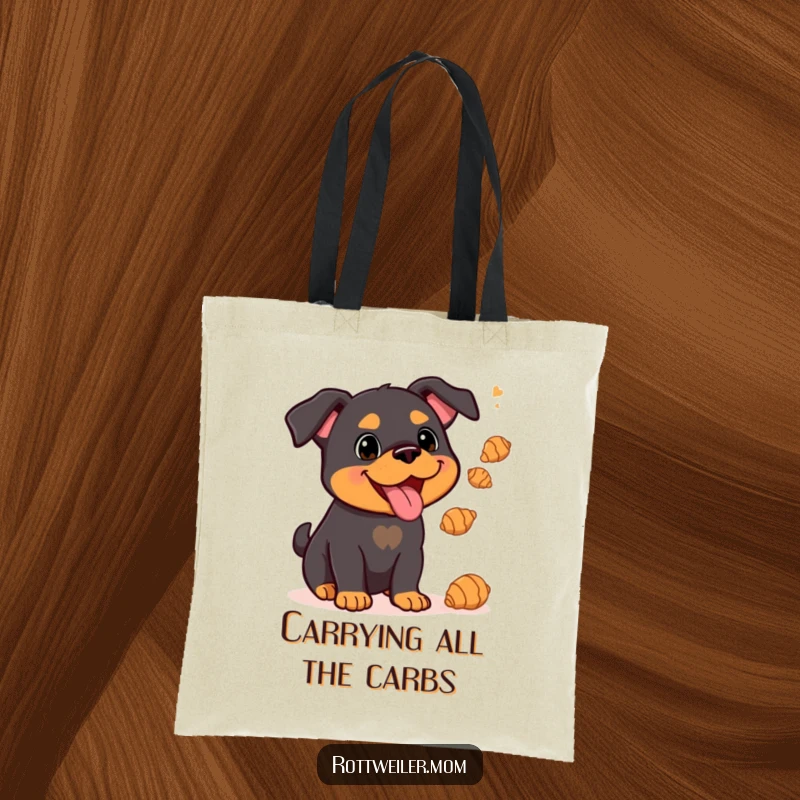 Funny Kawaii Rottweiler juggling small croissants on a durable tote bag, a humorous and stylish accessory.