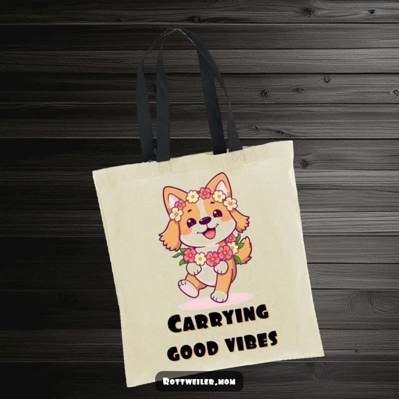 Funny Happy Dog Tote Bag: Dog with a flower garland joyfully prances, a humorous and practical accessory.