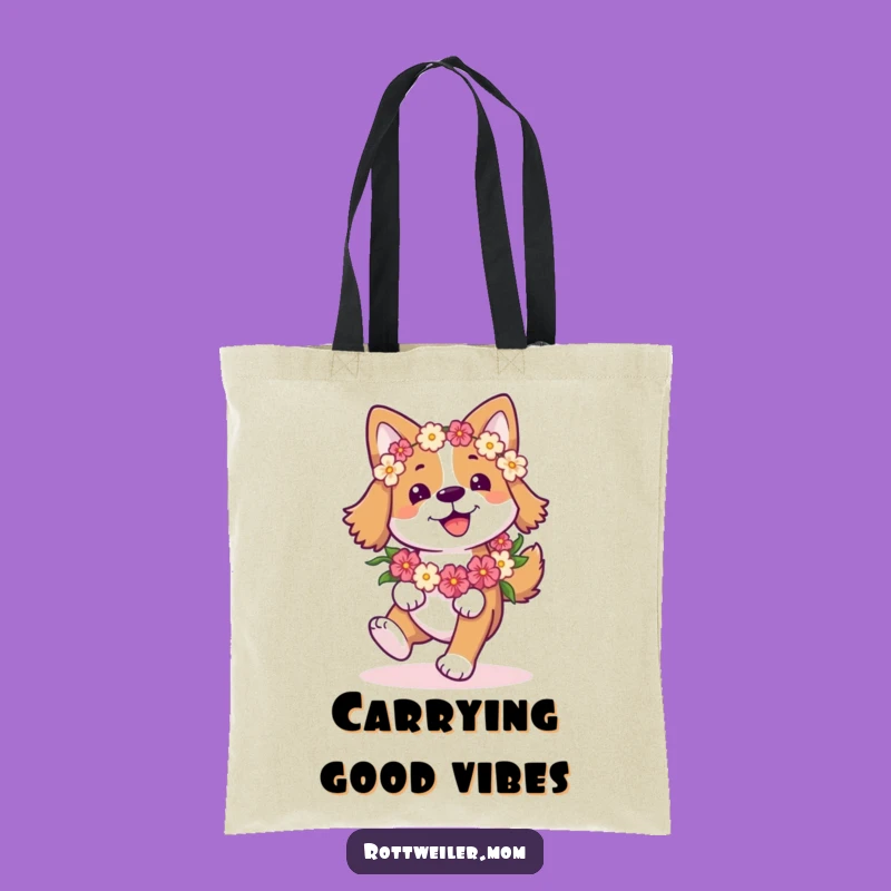 Funny Happy Dog Tote Bag: Flower Garland Pup Prancing - Carry Joy Everywhere
