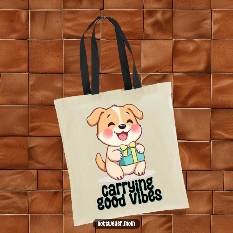 Funny dog tote bag, a cheerful dog wagging its tail excitedly beside a colorful present, perfect for shopping.