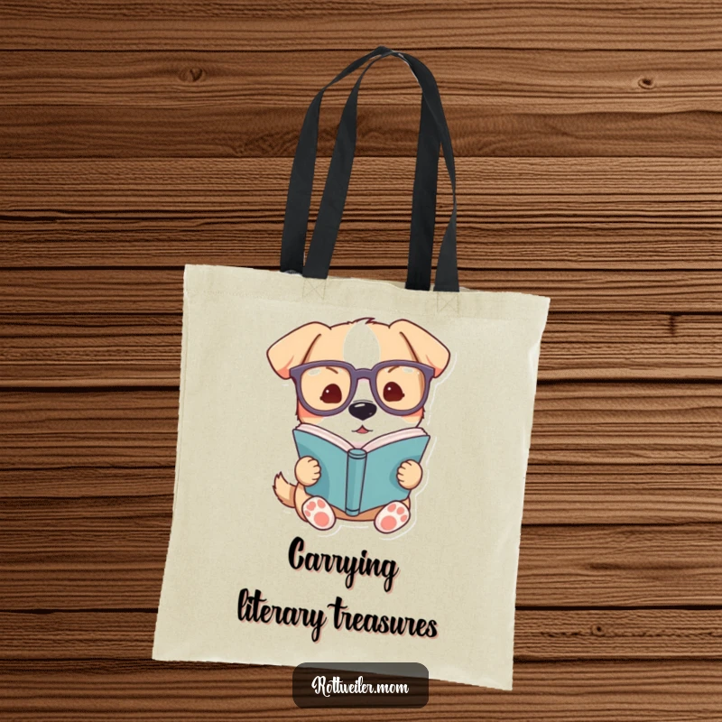 Funny dog tote bag, a dog wearing oversized spectacles intently reading a novel, stylish and functional for book lovers.