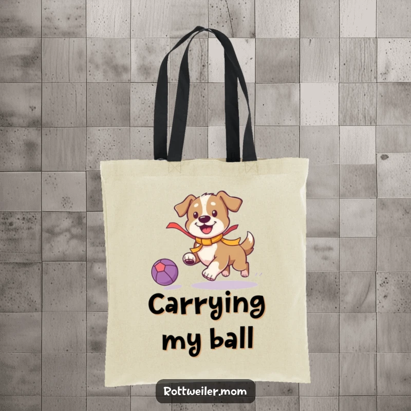 Funny Playful Dog Tote Bag: Dog with a bright ribbon chases a bouncing ball, a humorous and practical accessory.