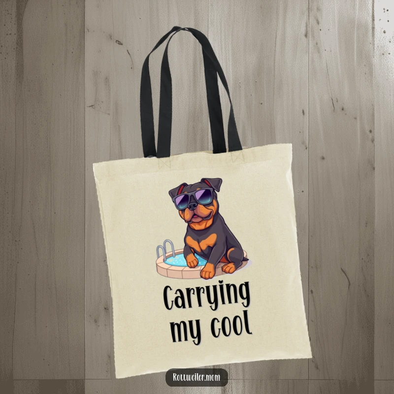 Funny Rottweiler Poolside Tote Bag: A tote bag showing a rottweiler in sunglasses by a pool, perfect for vacation.