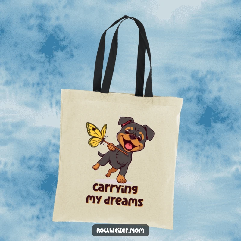 Funny Rottweiler Butterfly Net Tote Bag features a determined dog with a net, chasing a huge butterfly with funny zeal.