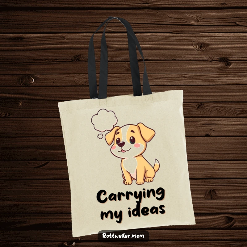 Funny cartoon dog tote bag with a thought bubble, ideal for carrying essentials and sparking imaginative conversations.
