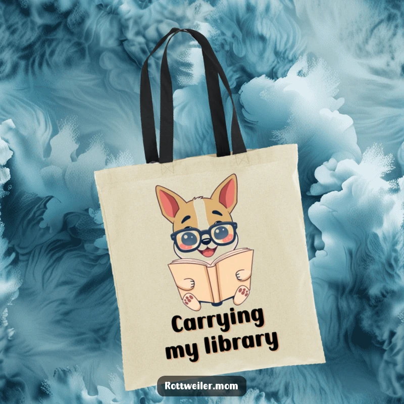 Funny Bookworm Dog Tote Bag: Dog in glasses enthusiastically reads a giant book, a humorous literary accessory.