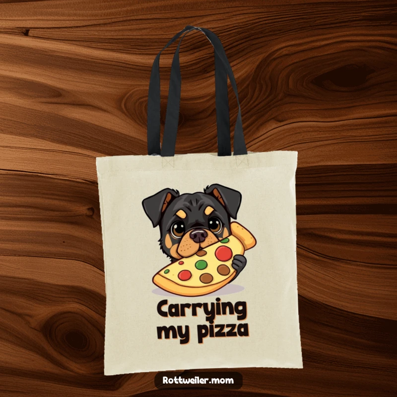 Funny tote bag with a Rottweiler peeking out from behind a giant pizza slice, its eyes wide with pizza yearning.