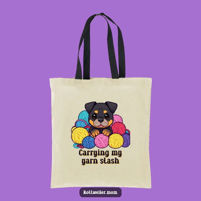 Funny Kawaii Rottweiler Tote Bag: Yarn Pile Peek, Stylish Crafter Gift