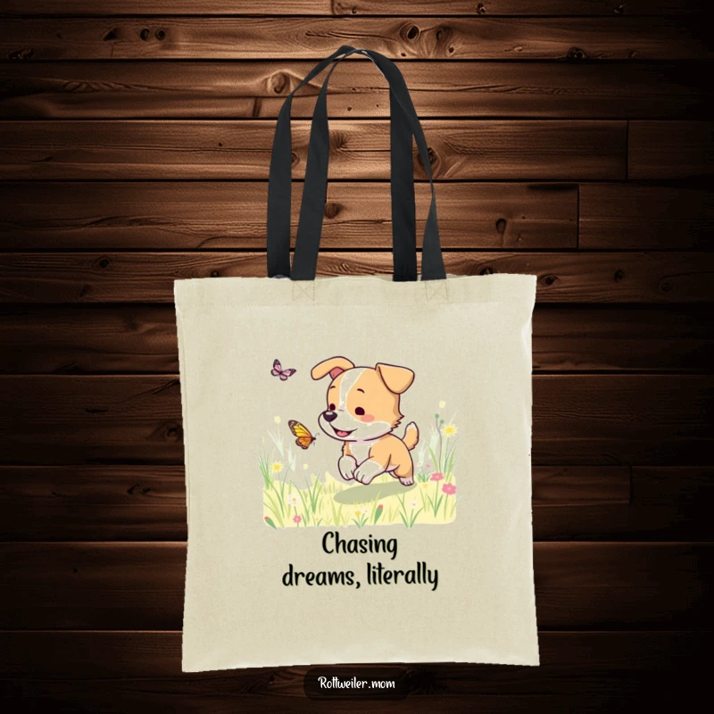 Funny dog tote bag illustrating a happy dog energetically chasing a butterfly in a bright, sunlit meadow, perfect for everyday use.