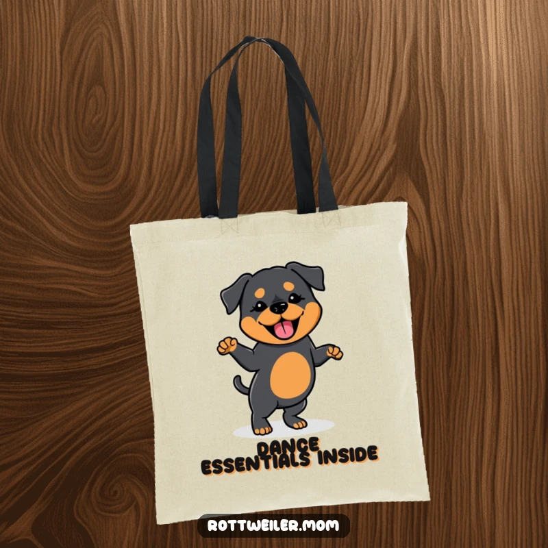 Funny tote bag with a Kawaii Rottweiler doing a silly dance, tail wagging, perfect for carrying items with canine charm and humor.
