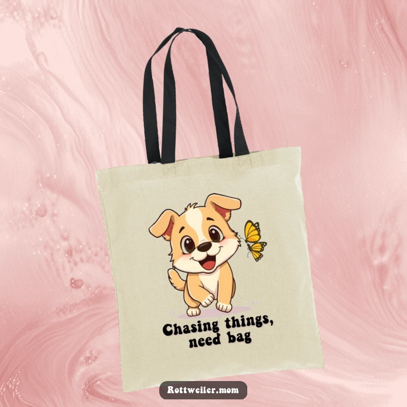 Funny Tote Bag: A dog with bright, excited eyes playfully romping after a butterfly, perfect for carrying essentials and good vibes.