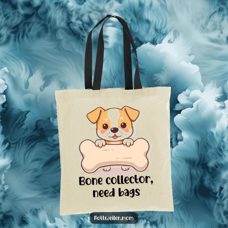 Funny Tote Bag: A dog peeking with anticipation from behind a massive bone, ready to carry treasures and spread cheer.