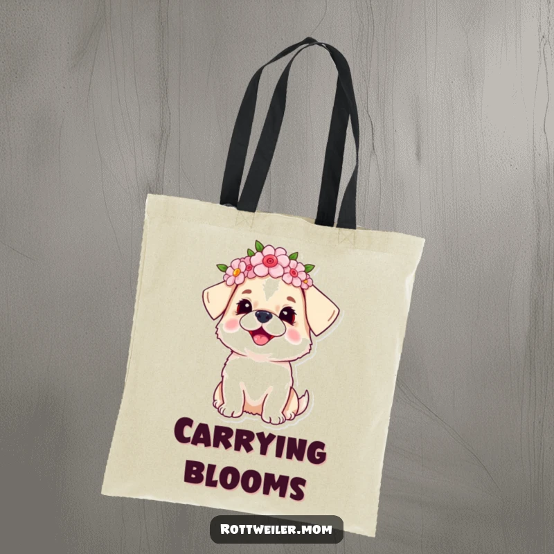 Funny dog tote bag showing a small dog wearing a beautiful flower crown, looking up towards the sky with a joyful heart.