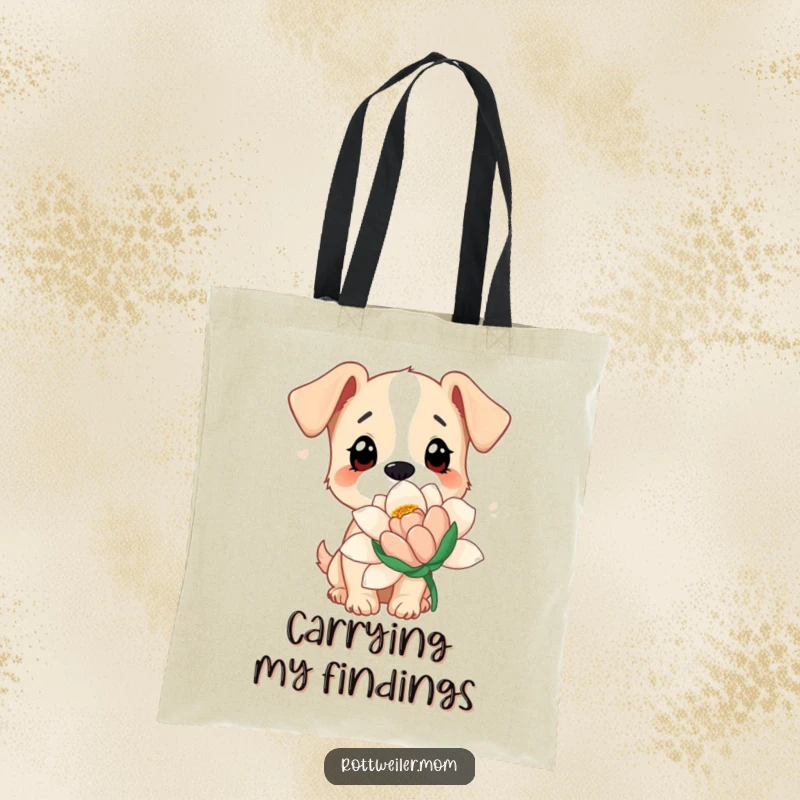 Funny dog tote bag featuring a dog with wide, curious eyes sniffing a giant flower, ideal for carrying essentials with a smile.