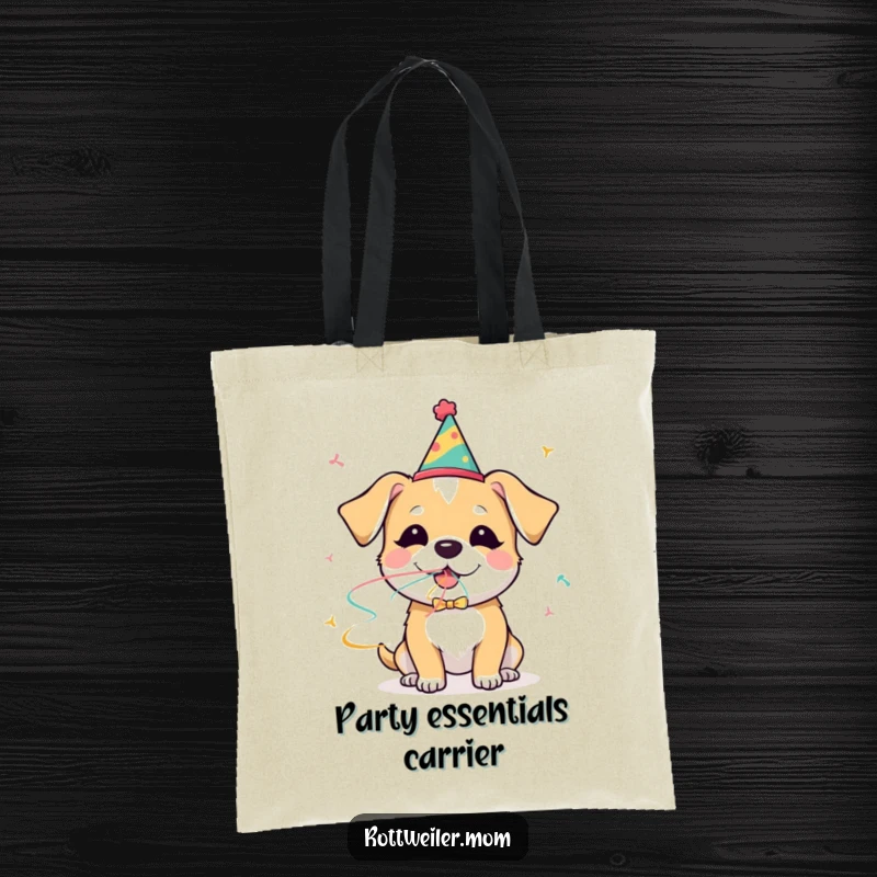 Funny dog tote bag featuring a dog in a party hat blowing a streamer with glee, practical for carrying items to any event.