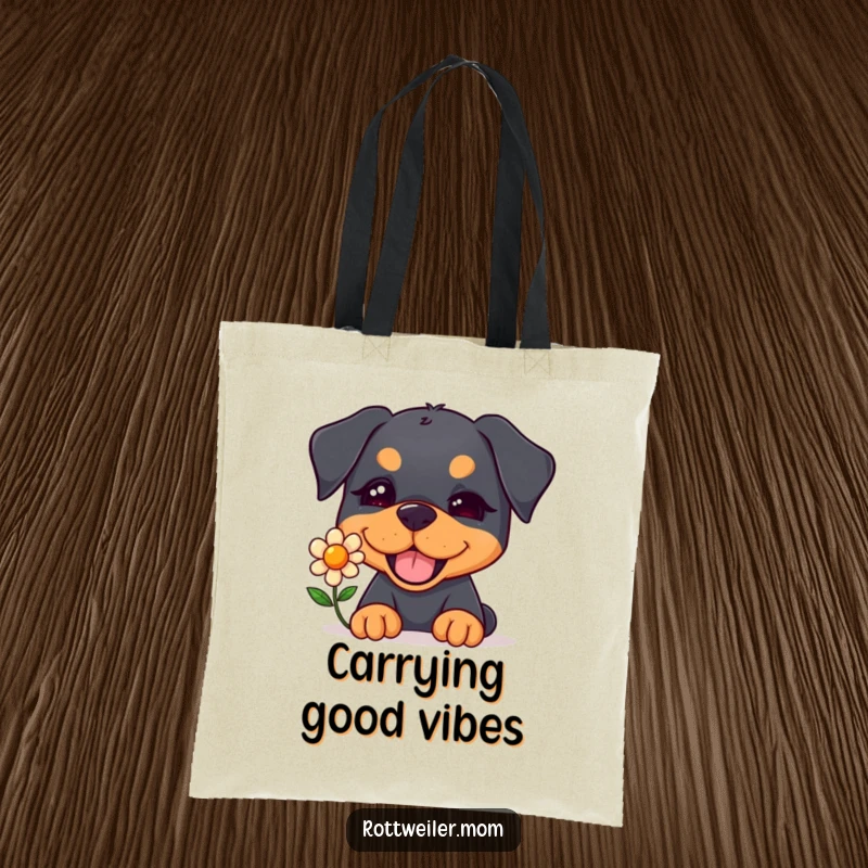 Funny Kawaii Rottweiler Tote Bag with a cute dog winking and offering a single colorful flower, spreading cheer.