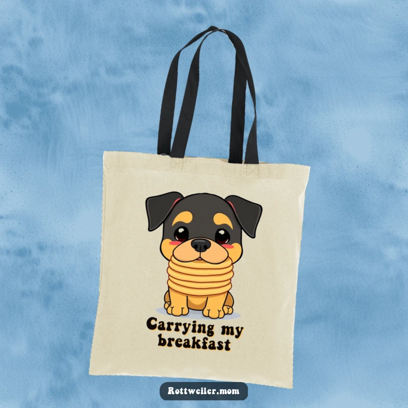 Funny Kawaii Rottweiler Tote Bag featuring an adorable dog balancing a huge stack of fluffy pancakes on its wet nose.