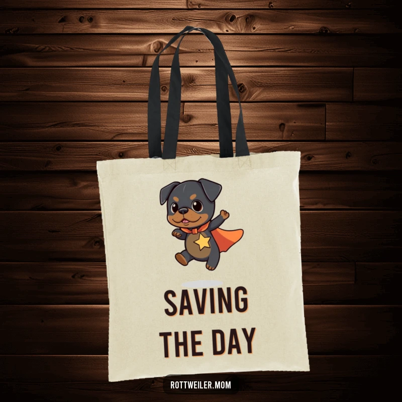 Funny Kawaii Rottweiler Tote Bag with a cute dog in a superhero cape flying a short distance, ready for any task.