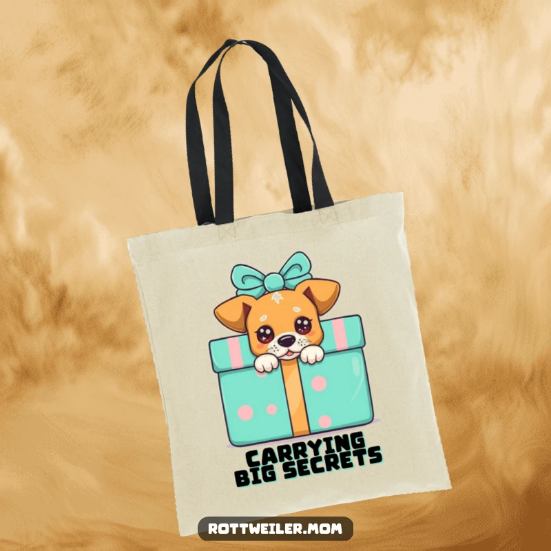 Funny dog tote bag, a dog with sparkling eyes peeking from behind a colorful present, perfect for errands.