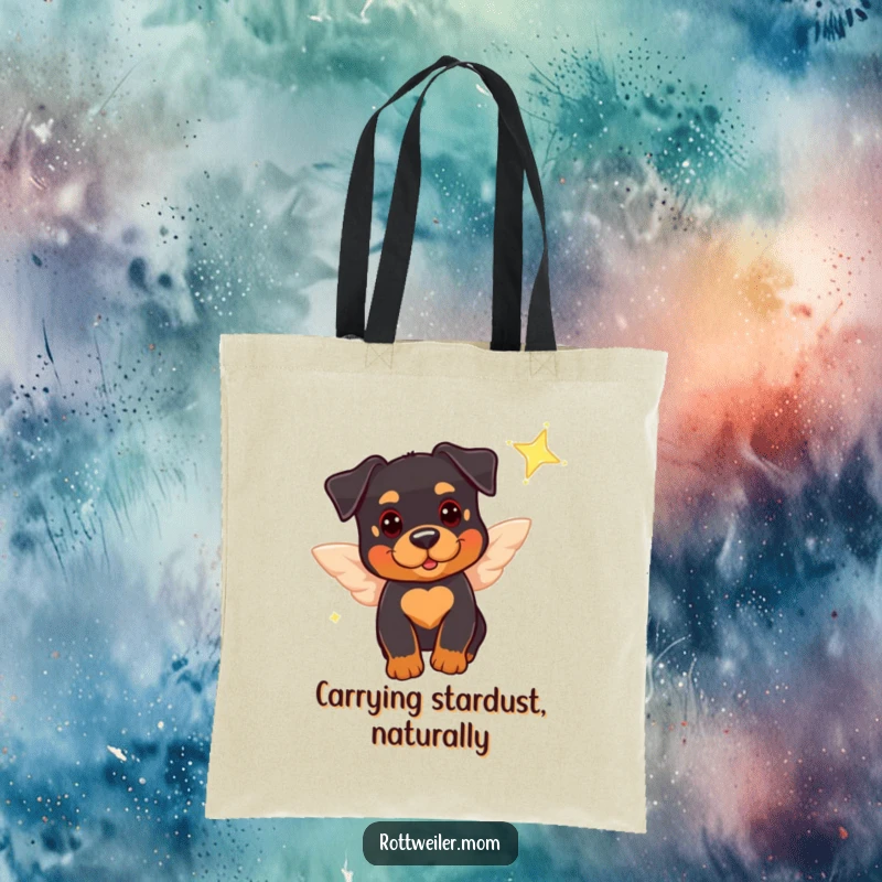 Funny tote bag with a cute Rottweiler wearing tiny wings, playfully near a sparkling star, perfect for carrying essentials with canine charm.