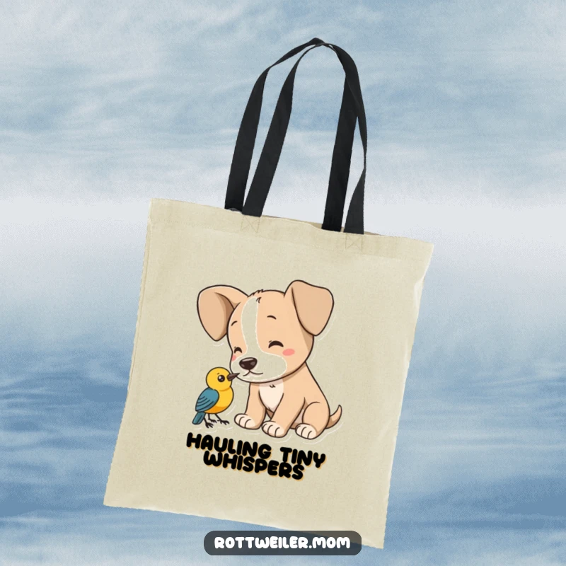 Funny puppy tote bag, a dog with large ears intently listening to a bird, perfect for shoppers and gifts.