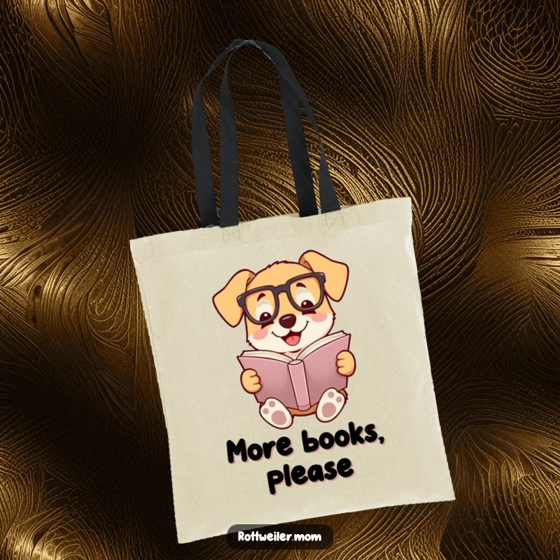 Funny tote bag featuring a smiling dog wearing reading glasses, engrossed in a book, a stylish accessory for bookworms.