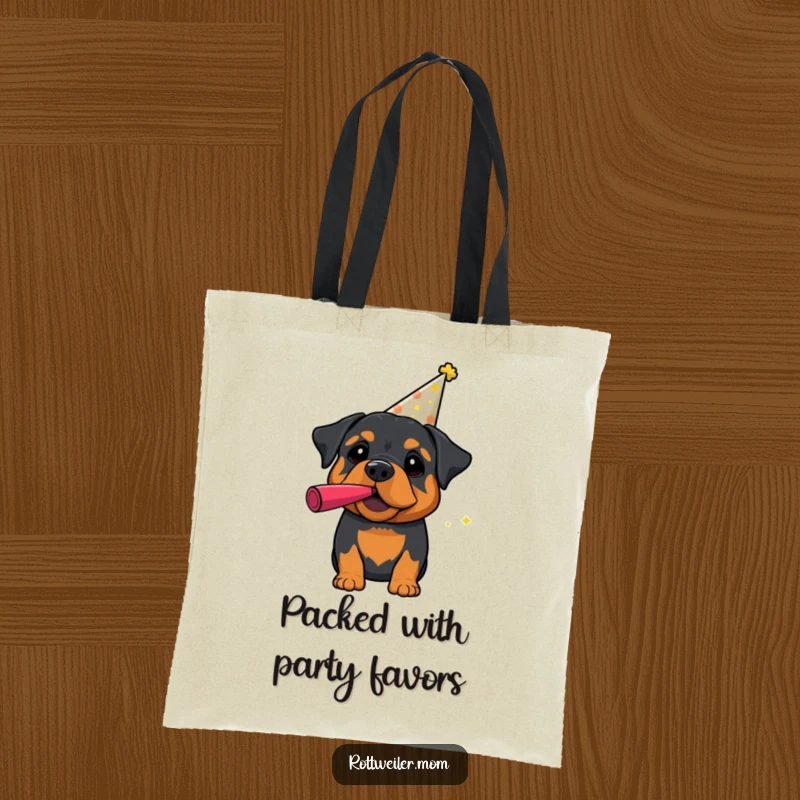 Funny Rottweiler Tote Bag: A rottweiler wearing a party hat and blowing a noisemaker, perfect for carrying party supplies.