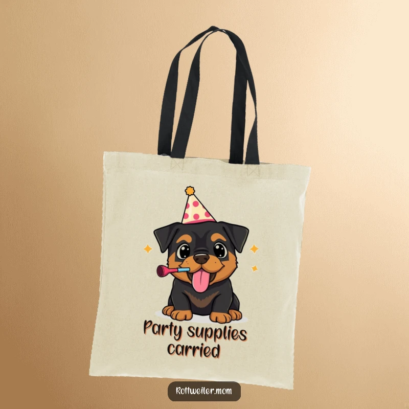 Funny tote bag with a Rottweiler puppy wearing a party hat, exuberantly blowing a noisemaker, perfect for carrying party essentials.