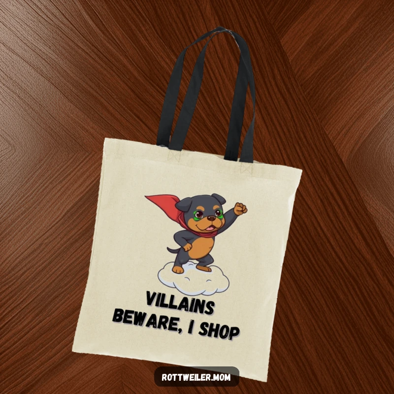Funny tote bag depicting a Rottweiler striking a superhero pose on a tiny cloud, ready for any adventure.